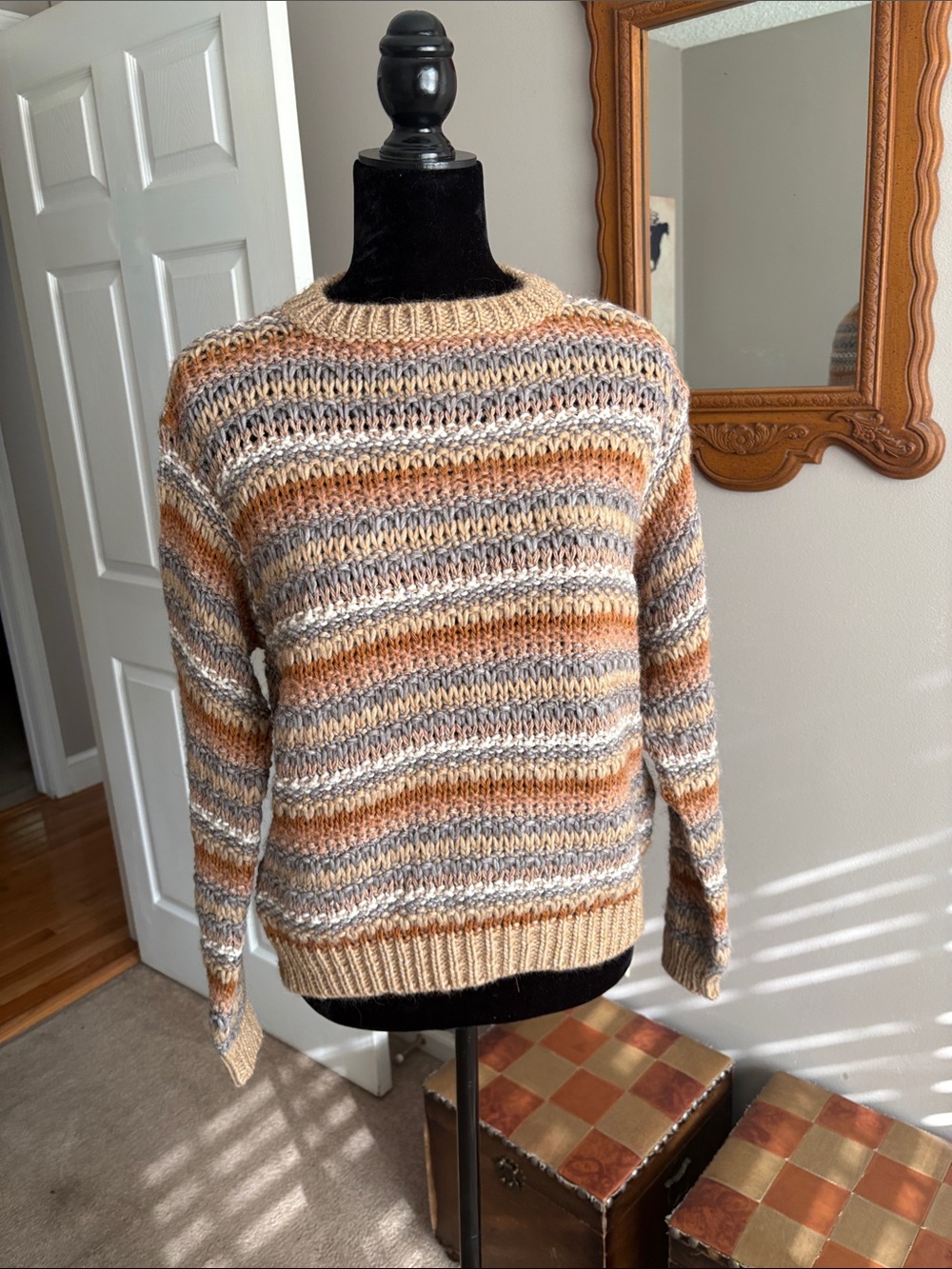 Alpaca wool Striped Crewneck Sweater in Tan, Gray & Cream
